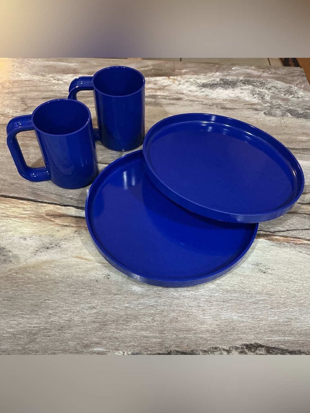 Vintage Heller Massimo Vignelli Blue Melamine Dinnerware Set 4pc MCM Plates Mugs